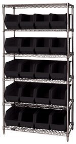 The Quantum Bin Wire Shelving System, 36L x 18D x 74H, features six chrome-plated shelves with an 800 lbs load capacity each. It includes 20 QUS265 black containers for efficient storage solutions.