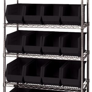 The Quantum Bin Wire Shelving System, 36L x 18D x 74H, features six chrome-plated shelves with an 800 lbs load capacity each. It includes 20 QUS265 black containers for efficient storage solutions.