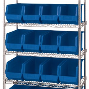 The Quantum Bin Wire Shelving System measures 36L x 18D x 74H and features a chrome-plated finish with six shelves and twenty QUS265 blue containers, offering ideal storage and organization with an 800 lbs load capacity per shelf.