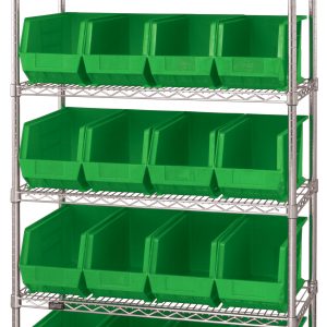 Introducing our Quantum Bin Wire Shelving System, a sleek chrome-plated unit measuring 36L x 18D x 74H. It features six shelves with an 800 lbs load capacity each and includes 20 QUS265 green containers, ideal for organizing any space.