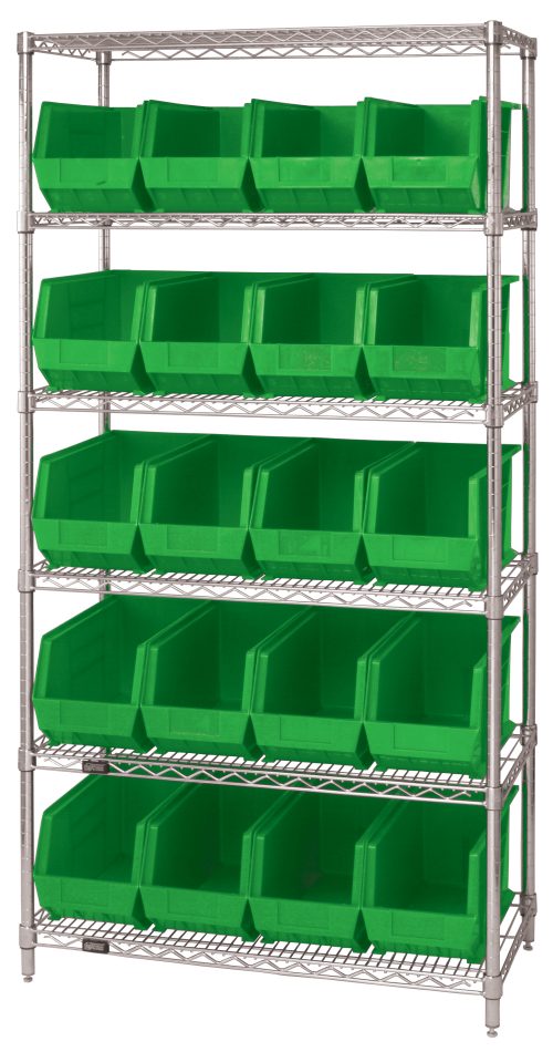 Introducing our Quantum Bin Wire Shelving System, a sleek chrome-plated unit measuring 36L x 18D x 74H. It features six shelves with an 800 lbs load capacity each and includes 20 QUS265 green containers, ideal for organizing any space.