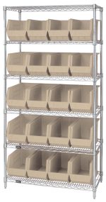 The Quantum Bin Wire Shelving System, 36L x 18D x 74H, features a chrome-plated finish with six shelves and comes with twenty QUS265 ivory containers. Each shelf supports up to 800 lbs, making it ideal for organized storage with open-topped bins for easy access. Shipped KD.