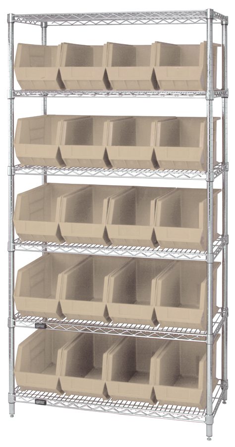 WR6-265_IV.jpg The Quantum Bin Wire Shelving System, 36L x 18D x 74H, features a chrome-plated finish with six shelves and comes with twenty QUS265 ivory containers. Each shelf supports up to 800 lbs, making it ideal for organized storage with open-topped bins for easy access. Shipped KD.