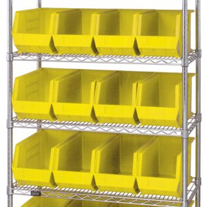 The Quantum Bin Wire Shelving System features a 36L x 18D x 74H chrome-plated, six-shelf unit with 20 bright yellow Qus265 containers. With an 800 lbs load capacity per shelf, it is shipped KD for convenience and stands against a white background.