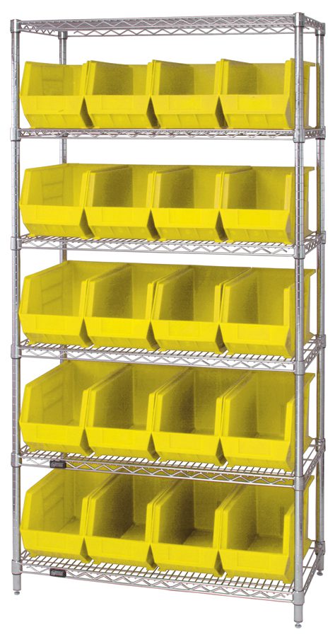 WR6-265_YL.jpg The Quantum Bin Wire Shelving System features a 36L x 18D x 74H chrome-plated, six-shelf unit with 20 bright yellow Qus265 containers. With an 800 lbs load capacity per shelf, it is shipped KD for convenience and stands against a white background.