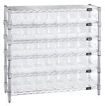 The Quantum Bin Wire Shelving System, measuring 36W x 12D x 36H, includes six wire shelves and four posts, with each tier supporting up to 800 lbs. It features an industrial design and comes with forty clear Qsb101 bins for superior organization and a chrome plated finish.