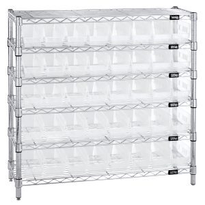 The Quantum Bin Wire Shelving System, measuring 36W x 12D x 36H, includes six wire shelves and four posts, with each tier supporting up to 800 lbs. It features an industrial design and comes with forty clear Qsb101 bins for superior organization and a chrome plated finish.
