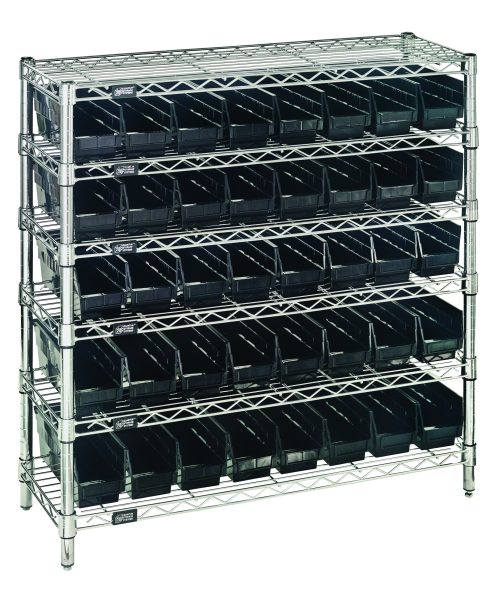 The Quantum Bin Wire Shelving System has six chrome-plated wire shelves, four posts, and 40 QSB101 black bins. With each shelf holding up to 800 lbs., this 36W x 12D x 36H unit is perfect for organized, visible storage in both industrial and home settings.