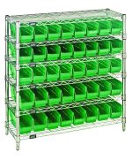 The Quantum Bin Wire Shelving System, measuring 36W x 12D x 36H overall, supports up to 800 lbs per shelf. It includes six wire shelves and features a chrome-plated finish with 40 QSB101 bright green bins for organized storage.