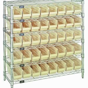 The Quantum Bin Wire Shelving System, measuring 36W x 12D x 36H, has six wire shelves and a capacity of 800 lbs per shelf. It includes four posts and 40 QSB101 ivory bins, all supported by a sturdy chrome-plated frame.