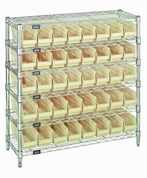 The Quantum Bin Wire Shelving System, measuring 36W x 12D x 36H, has six wire shelves and a capacity of 800 lbs per shelf. It includes four posts and 40 QSB101 ivory bins, all supported by a sturdy chrome-plated frame.