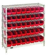 The Quantum Bin Wire Shelving System, measuring 36W x 12D x 36H, supports up to 800 lb. per shelf. It includes six wire shelves, four posts, and forty QSB101 red bins with a chrome-plated finish for optimal organization.