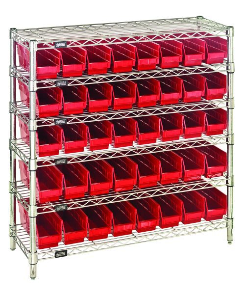 The Quantum Bin Wire Shelving System, measuring 36W x 12D x 36H, supports up to 800 lb. per shelf. It includes six wire shelves, four posts, and forty QSB101 red bins with a chrome-plated finish for optimal organization.