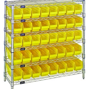 The Quantum Bin Wire Shelving System, with a chrome-plated finish and dimensions of 36W x 12D x 36H, includes six wire shelves that each support up to 800 lbs. It comes with four posts and forty QSB101 yellow bins—ideal for organizing tools or supplies in a workshop or garage.