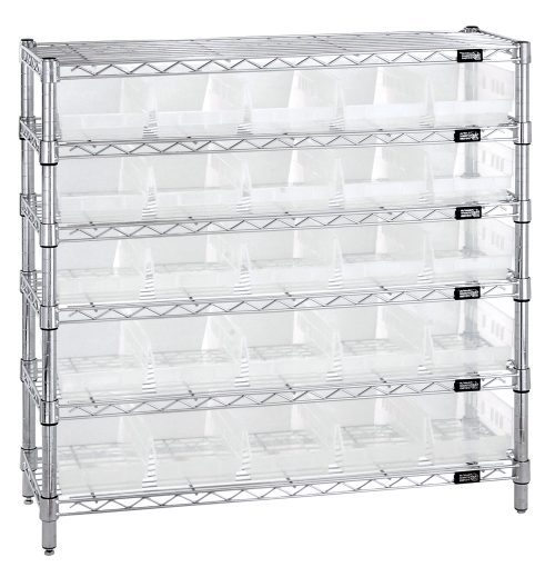 The Quantum Bin Wire Shelving System, 36W x 12D x 36H, features (6) wire shelves each holding up to 800 lbs. With chrome-plated finish and (25) QSB102 clear bins, it provides an organized storage solution with clear visibility for easy access.
