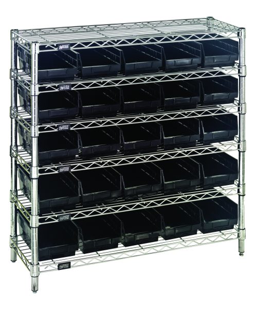 The Quantum Bin Wire Shelving System measures 36W x 12D x 36H and holds up to 800 lbs per shelf. It includes six shelves, four posts, and comes with a chrome-plated finish. The system features (25) QSB102 clear bins, perfect for organized storage.