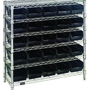 The Quantum Bin Wire Shelving System features a chrome-plated, five-tier design measuring 36W x 12D x 36H. Each shelf supports up to 800 lbs. and includes (25) QSB102 black bins for organized storage.