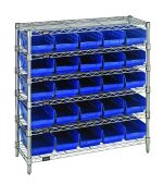 The Quantum Bin Wire Shelving System features a 36W x 12D x 36H wire frame with six chrome-plated shelves and four sturdy posts. It holds 25 blue bins, each shelf supporting up to 800 lbs for all your storage needs.