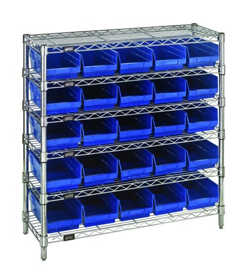 The Quantum Bin Wire Shelving System features a 36W x 12D x 36H wire frame with six chrome-plated shelves and four sturdy posts. It holds 25 blue bins, each shelf supporting up to 800 lbs for all your storage needs.