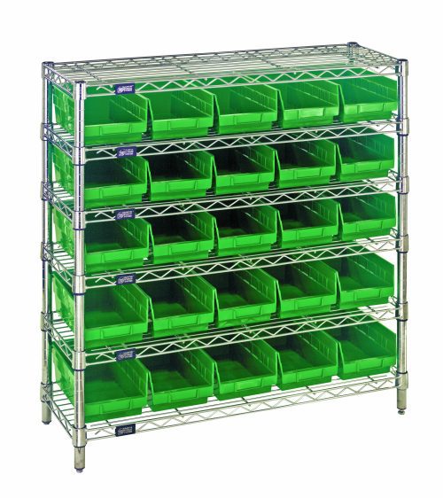 The Quantum Bin Wire Shelving System measures 36W x 12D x 36H, features six shelves, each with an 800 lb. capacity, and includes (25) QSB102 green bins. It has a chrome-plated finish and is perfect for organizing storage efficiently.
