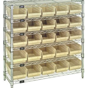 The Quantum Bin Wire Shelving System, with an overall size of 36W x 12D x 36H and a chrome-plated finish, efficiently supports up to 800 lbs per shelf. It includes six wire shelves, four posts, and 25 ivory QSB102 bins for streamlined storage and easy access.
