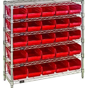 The Quantum Bin Wire Shelving System, measuring 36W x 12D x 36H, features six chrome-plated wire shelves supported by four sturdy posts. It holds five rows of evenly spaced Qsb102 red bins, totaling 25, with an 800 lb. capacity per shelf.