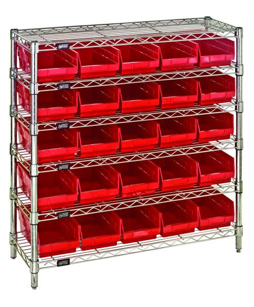 WR6-36-1236-102_RD.jpg The Quantum Bin Wire Shelving System, measuring 36W x 12D x 36H, features six chrome-plated wire shelves supported by four sturdy posts. It holds five rows of evenly spaced Qsb102 red bins, totaling 25, with an 800 lb. capacity per shelf.