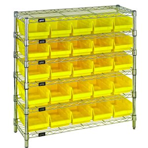 The Quantum Bin Wire Shelving System, measuring 36W x 12D x 36H, includes six wire shelves, four posts, and accommodates 25 QSB102 yellow bins with an open structure ideal for efficient storage. Each shelf has an 800 lb capacity with a chrome-plated finish.
