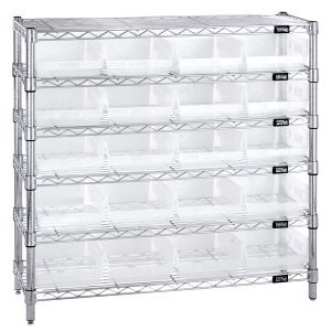 The Quantum Bin Wire Shelving System features a chrome-plated metal rack with six shelves, each holding 800 lbs. Measuring 36W x 12D x 36H overall, it includes four posts and twenty clear QSB107 bins for organized storage.