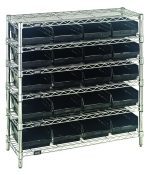 The Quantum Bin Wire Shelving System, measuring 36W x 12D x 36H, features a silver chrome-plated frame with four posts and six wire shelves. It holds 20 black bins in a grid-like pattern, each shelf supporting up to 800 lbs for a sturdy and industrial look.
