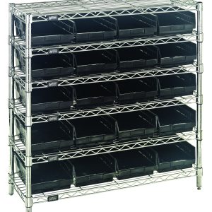 The Quantum Bin Wire Shelving System, measuring 36W x 12D x 36H, features a silver chrome-plated frame with four posts and six wire shelves. It holds 20 black bins in a grid-like pattern, each shelf supporting up to 800 lbs for a sturdy and industrial look.