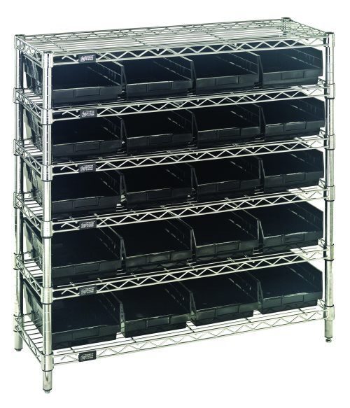 The Quantum Bin Wire Shelving System, measuring 36W x 12D x 36H, features a silver chrome-plated frame with four posts and six wire shelves. It holds 20 black bins in a grid-like pattern, each shelf supporting up to 800 lbs for a sturdy and industrial look.
