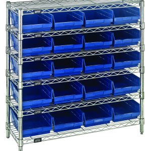 The Quantum Bin Wire Shelving System offers organized storage with four sturdy posts, a grid-like open structure, and six wire shelves. It includes 20 QSB107 blue bins, fits 36W x 12D x 36H dimensions and each shelf holds up to 800 lbs., ensuring durability and efficiency. Chrome plated finish included.