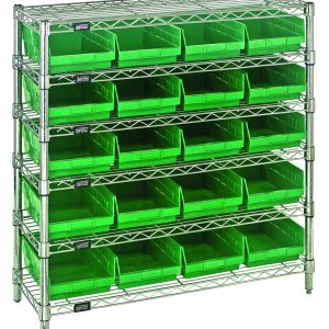 The Quantum Bin Wire Shelving System features six wire shelves with a 36W x 12D x 36H build, holding up to 800 lbs per shelf. It includes four posts and twenty Qsb107 green bins with open fronts for easy access, all in a sleek chrome finish for efficient organization of various items.