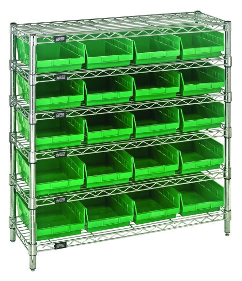 The Quantum Bin Wire Shelving System features six wire shelves with a 36W x 12D x 36H build, holding up to 800 lbs per shelf. It includes four posts and twenty Qsb107 green bins with open fronts for easy access, all in a sleek chrome finish for efficient organization of various items.