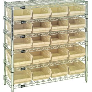The Quantum Bin Wire Shelving System features six chrome-plated wire shelves and four posts, with a size of 36W x 12D x 36H. It includes 20 Qsb107 ivory bins, evenly distributed across the shelving for organized storage, with each shelf supporting up to 800 lbs.