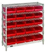The Quantum Bin Wire Shelving System, 36W x 12D x 36H, features six wire shelves with an 800 lb capacity each and holds twenty QSB107 red bins. Supported by four chrome-plated posts, it offers clear visibility and is perfect for organization and storage needs.