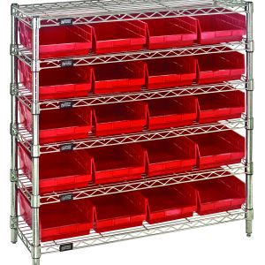 The Quantum Bin Wire Shelving System, 36W x 12D x 36H, features six wire shelves with an 800 lb capacity each and holds twenty QSB107 red bins. Supported by four chrome-plated posts, it offers clear visibility and is perfect for organization and storage needs.