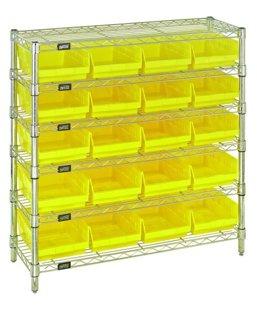 WR6-36-1236-107_YL.jpg The Quantum Bin Wire Shelving System features six wire shelves and four posts, accommodating 20 vibrant QSB107 yellow bins. Each shelf supports up to 800 lbs and includes clear left-side labels for easy organization, ensuring efficient access to contents. Finished in chrome, it measures 36W x 12D x 36H.