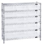 The Quantum Bin Wire Shelving System, measuring 36W x 12D x 36H, includes six wire shelves and four posts with a chrome finish. It holds up to 800 lbs per shelf and features 15 QSB109 clear bins for optimal visibility through its structured, grid-like design.