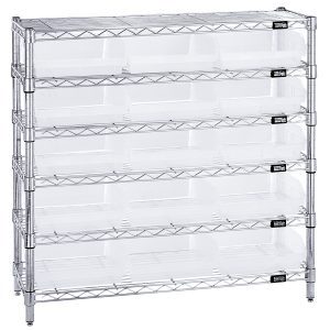 The Quantum Bin Wire Shelving System, measuring 36W x 12D x 36H, includes six wire shelves and four posts with a chrome finish. It holds up to 800 lbs per shelf and features 15 QSB109 clear bins for optimal visibility through its structured, grid-like design.