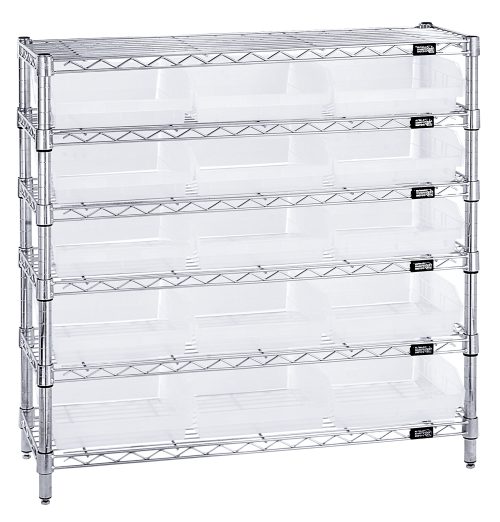 WR6-36-1236-109CL.jpg The Quantum Bin Wire Shelving System, measuring 36W x 12D x 36H, includes six wire shelves and four posts with a chrome finish. It holds up to 800 lbs per shelf and features 15 QSB109 clear bins for optimal visibility through its structured, grid-like design.