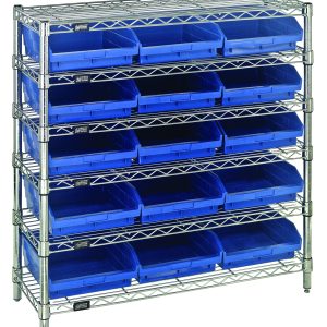 The Quantum Bin Wire Shelving System, measuring 36W x 12D x 36H, with six shelves each holding up to 800 lb., includes (15) QSB109 blue bins and a chrome finish, organizing them effectively against a plain white background.