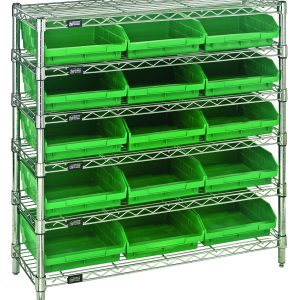 The Quantum Bin Wire Shelving System is 36W x 12D x 36H, featuring six chrome-plated wire shelves with each boasting an 800 lb. capacity and includes four posts and fifteen QSB109 green bins for an industrial look.