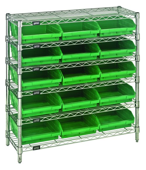 The Quantum Bin Wire Shelving System is 36W x 12D x 36H, featuring six chrome-plated wire shelves with each boasting an 800 lb. capacity and includes four posts and fifteen QSB109 green bins for an industrial look.