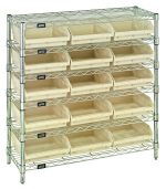 The Quantum Bin Wire Shelving System measures 36W x 12D x 36H, features six wire shelves and four posts with a sturdy chrome-plated finish. It supports up to 800 lbs per shelf and includes 15 QSB109 ivory bins for ample storage and organization.