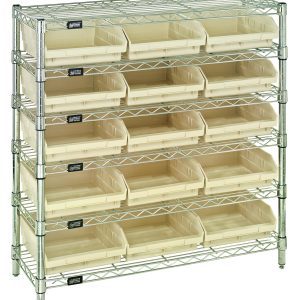 The Quantum Bin Wire Shelving System measures 36W x 12D x 36H, features six wire shelves and four posts with a sturdy chrome-plated finish. It supports up to 800 lbs per shelf and includes 15 QSB109 ivory bins for ample storage and organization.