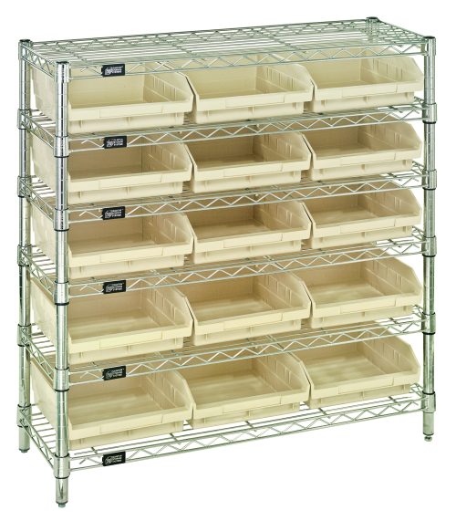 The Quantum Bin Wire Shelving System measures 36W x 12D x 36H, features six wire shelves and four posts with a sturdy chrome-plated finish. It supports up to 800 lbs per shelf and includes 15 QSB109 ivory bins for ample storage and organization.