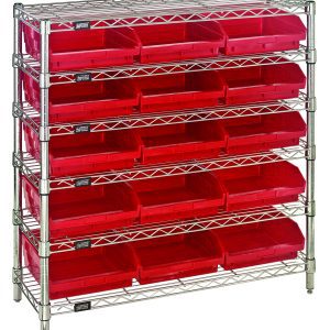 The Quantum Bin Wire Shelving System, 36W x 12D x 36H, features six shelves and includes fifteen QSB109 red bins, providing organized storage with an 800 lb. capacity per shelf and a chrome-plated finish.