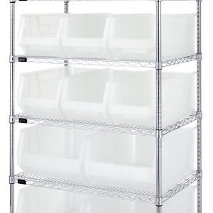 The Quantum Bin Wire Shelving System, 74 tall with a chrome finish, includes six wire shelves each capable of supporting 800 lbs. It measures 36W x 24D and features four posts supporting the shelves with nine Qus953 and four Qus954 clear bins for organized storage.